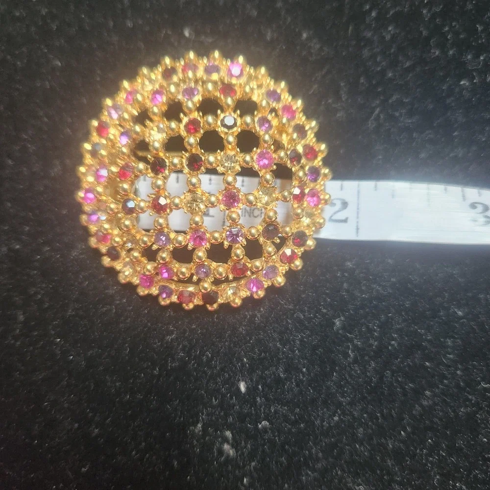 Vintage Gold Tone Round Lattice Brooch Pink Purple Rhinestone Circle‎ Pin